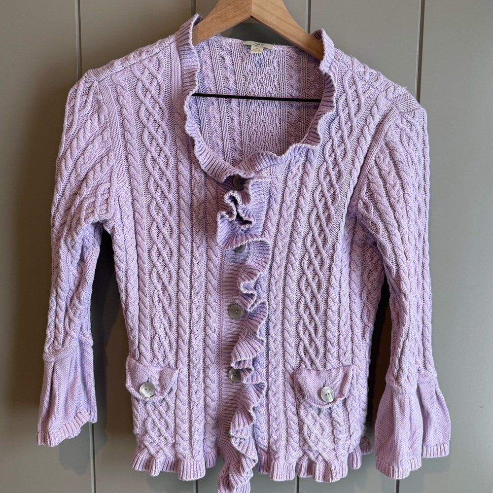 J. Jill Womens Cardigan Small Sweater Purple Barbie Cable Knit Ruffle/Flare Cuff